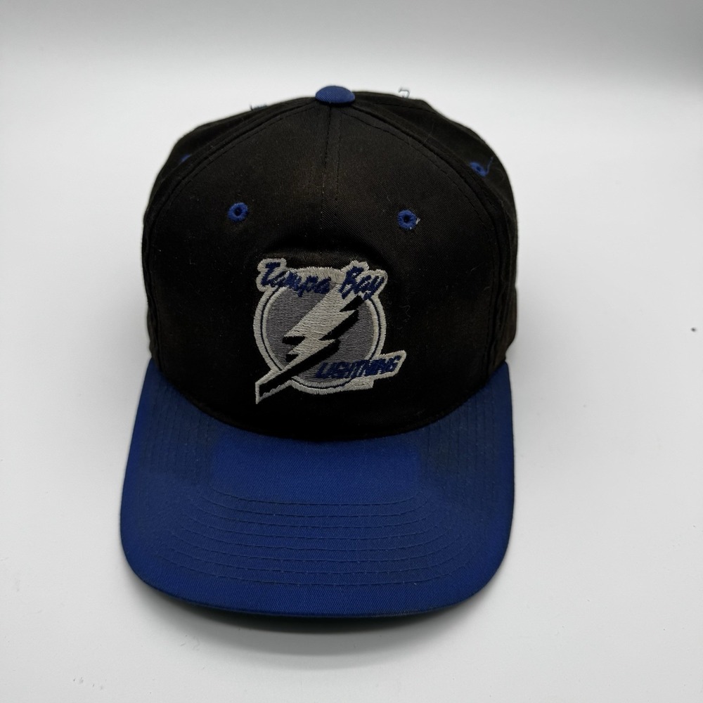 Vintage 90s Tampa Bay Lightning Snapback Hat NHL Hockey Black Blue Cap Retro